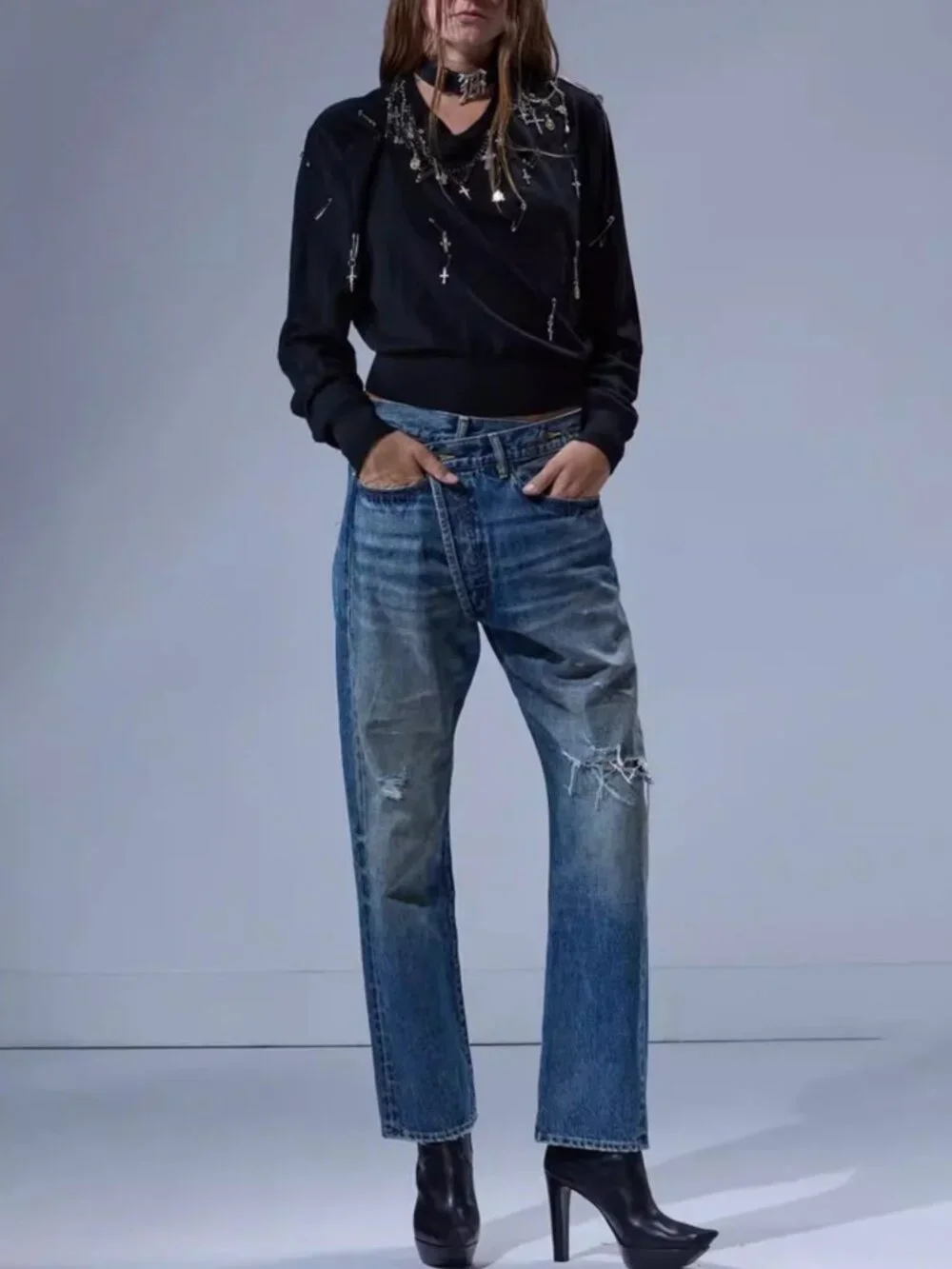 NWT R13 Crossover Jean 26/27 Leo Blue Boyfriend Classic - Picture 4 of 12